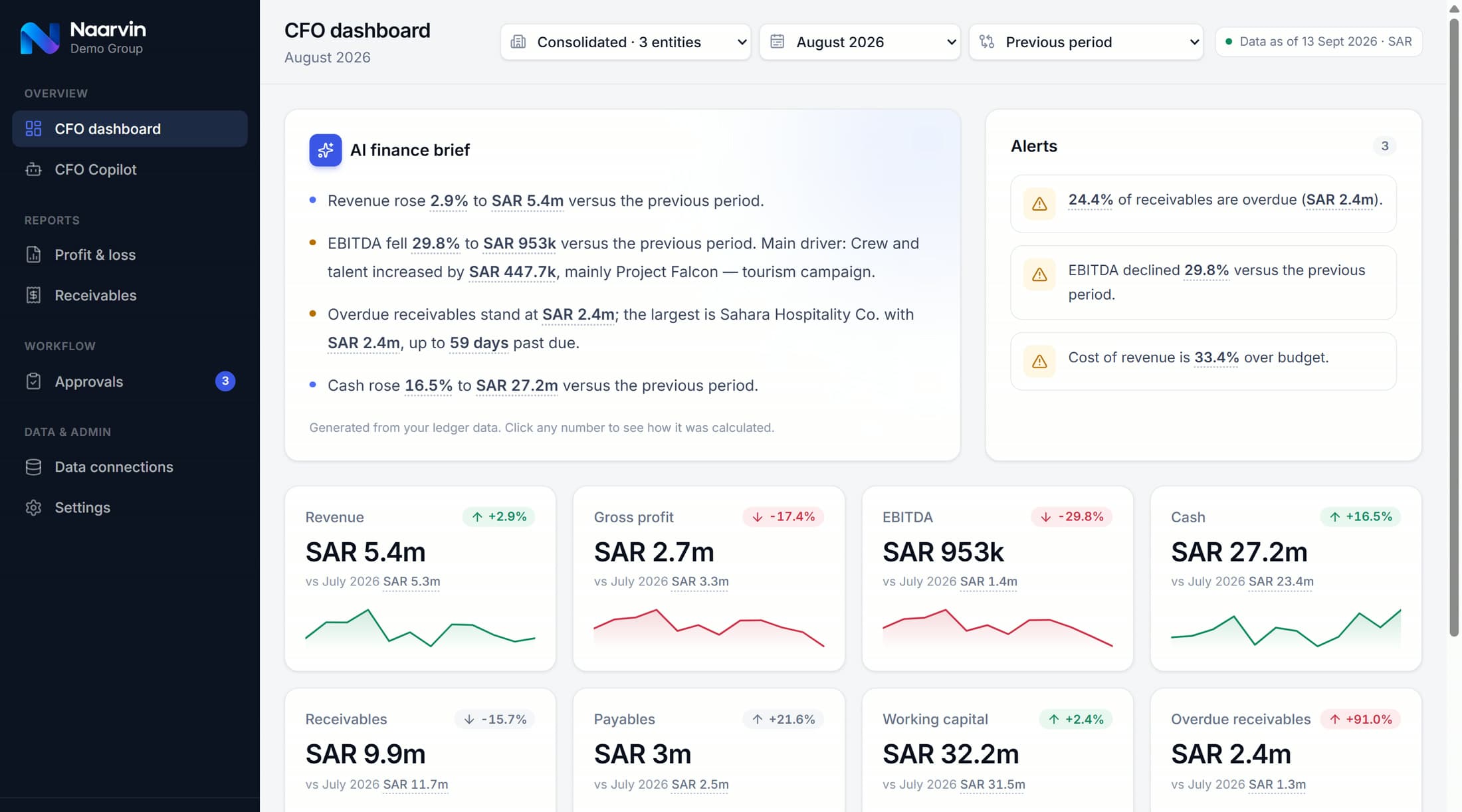 The Naarvin CFO dashboard for Demo Group in August 2026, with the AI finance brief, alerts and key figures